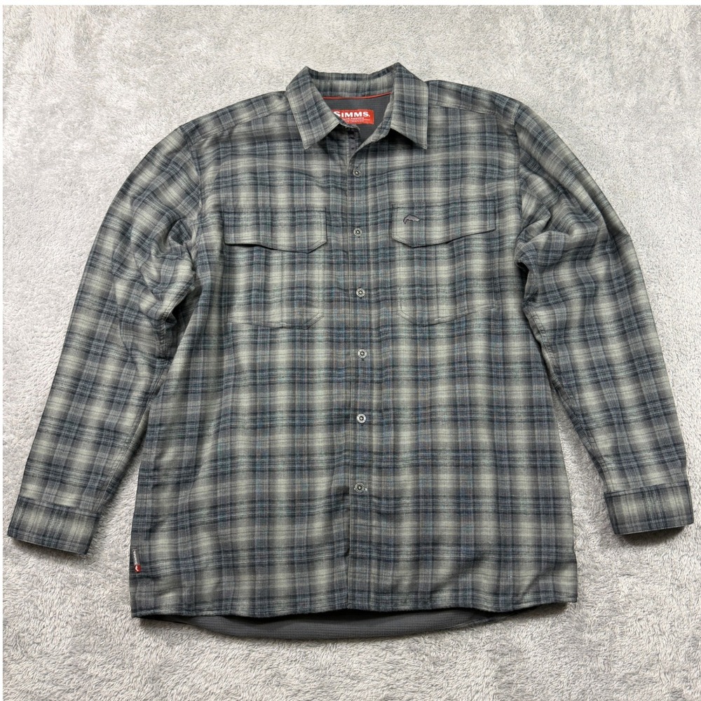 Simms ColdWeather Fishing Shirt Mens Sz L Green Gray Plaid Thermal Lined Shacket